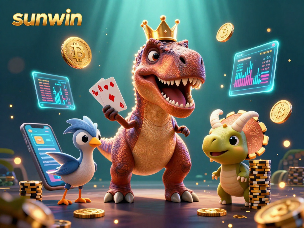 Join the fun with sunwin as a T-Rex shuffles cards while a baby triceratops stacks golden chips in this vibrant casino scene.