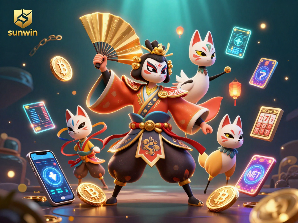 Experience thrilling wins at sunwin with vibrant 3D casino characters and digital crypto elements.