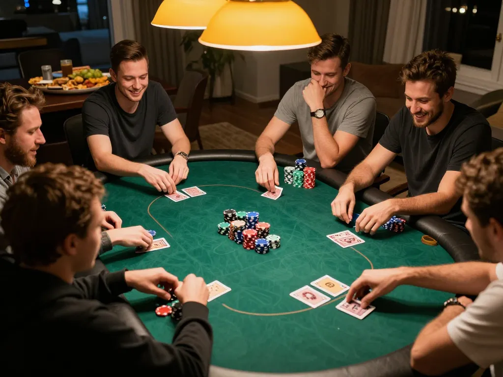 Fun88 players strategizing during a thrilling home poker game with colorful chips and cards