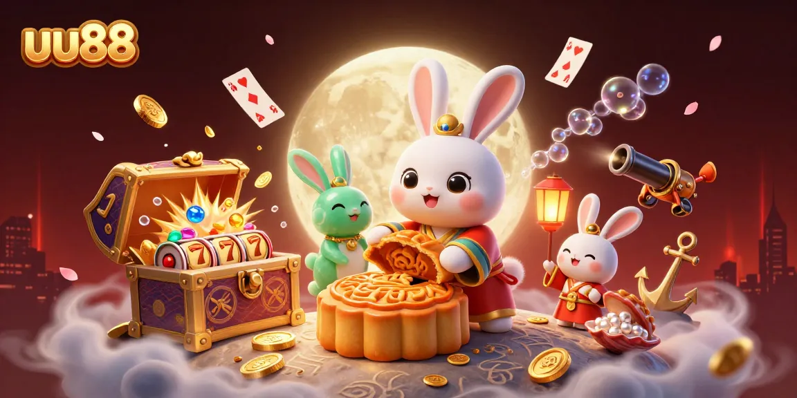uu88's moon rabbit character reveals poker chips within mooncakes amidst vibrant casino elements.