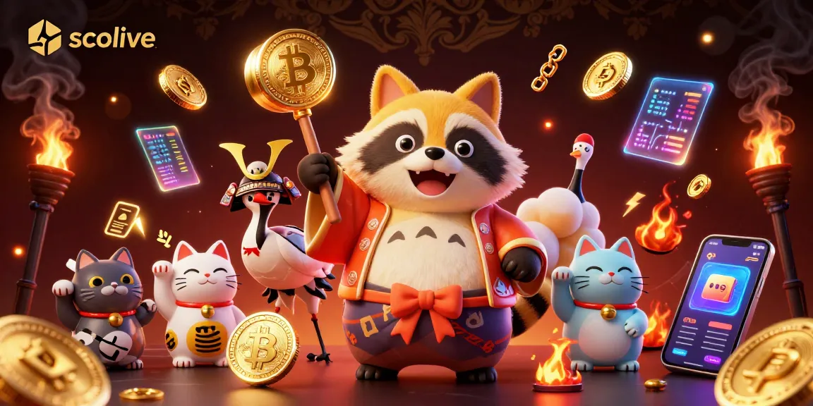 Socolive showcases a cheerful raccoon dog holding a lucky mallet among vibrant fortune cats and cryptocurrency elements.