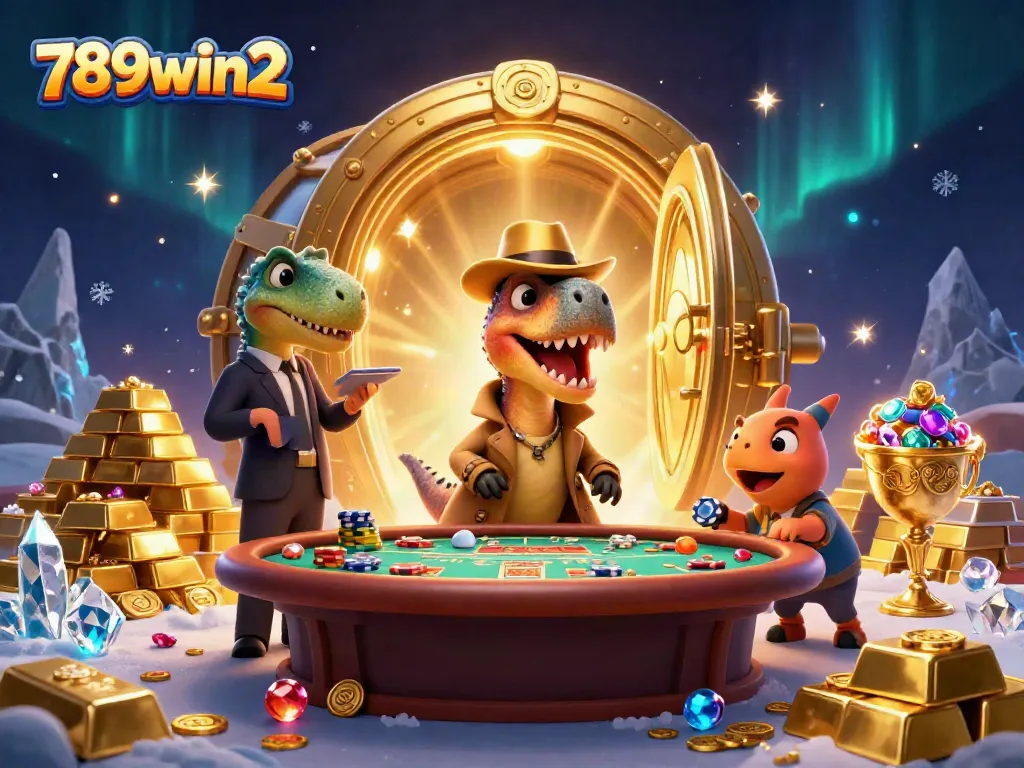 Experience the thrills of 789win2 with a cartoon velociraptor playing blackjack amidst gold riches.