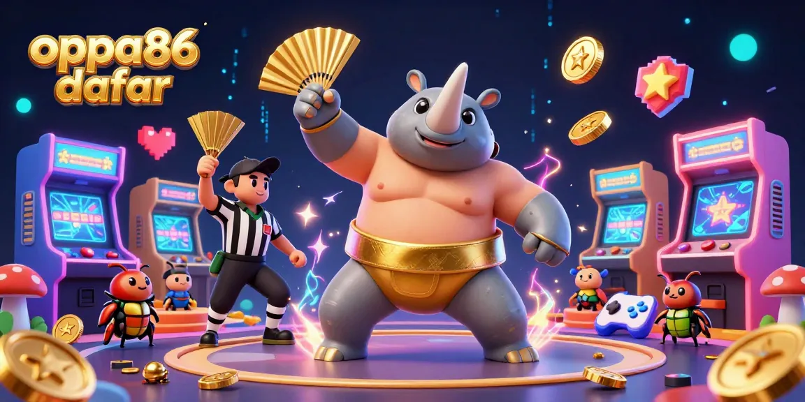 Experience the excitement of oppa86 daftar as a rhinoceros beetle champion celebrates amidst golden coins and gaming elements.