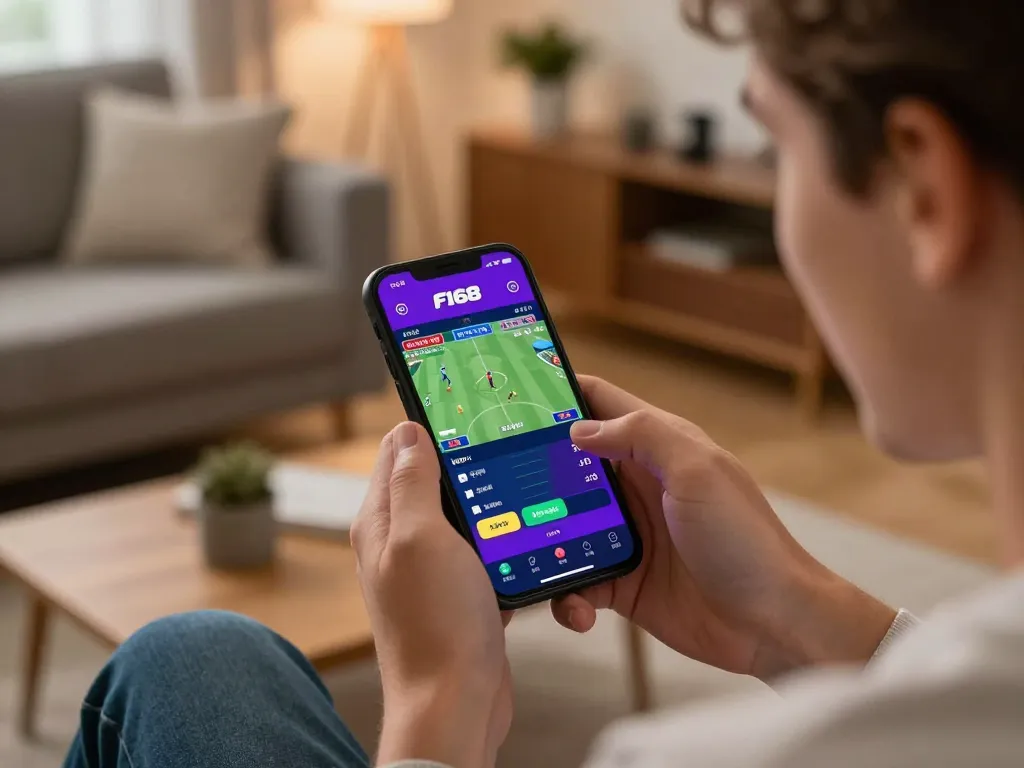 Excited user placing bets on F168 app, showing live sports betting odds and competitive action.