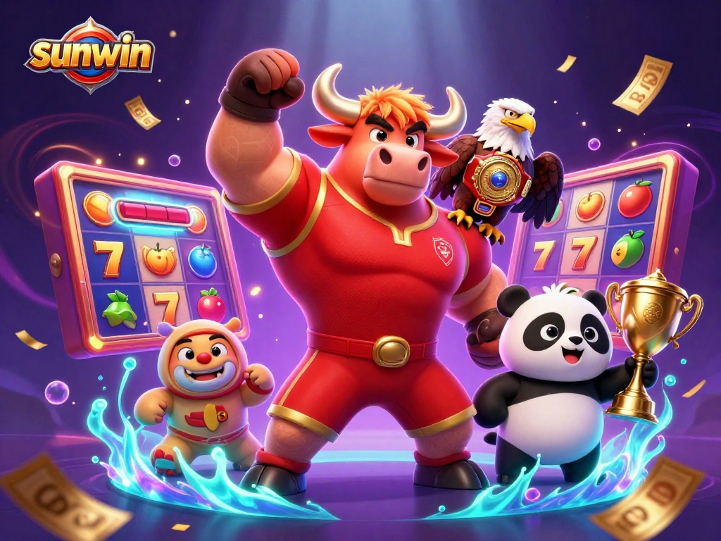 Sunwin brings excitement with a dynamic 3D casino scene featuring characters celebrating a big win.