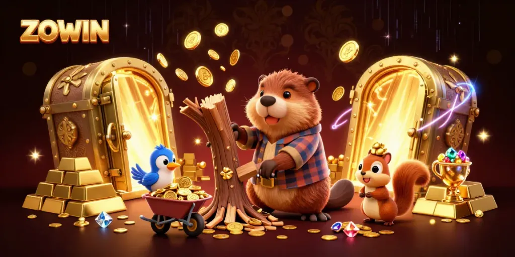 ZOWIN showcases vibrant characters collecting golden coins in an engaging online gaming scene.