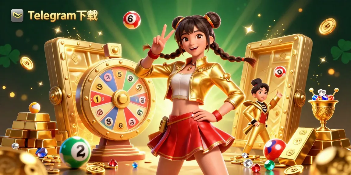 体验 Telegram下载，充满生机的赌场元素和一个在宝藏场景中比出和平手势的动态角色。