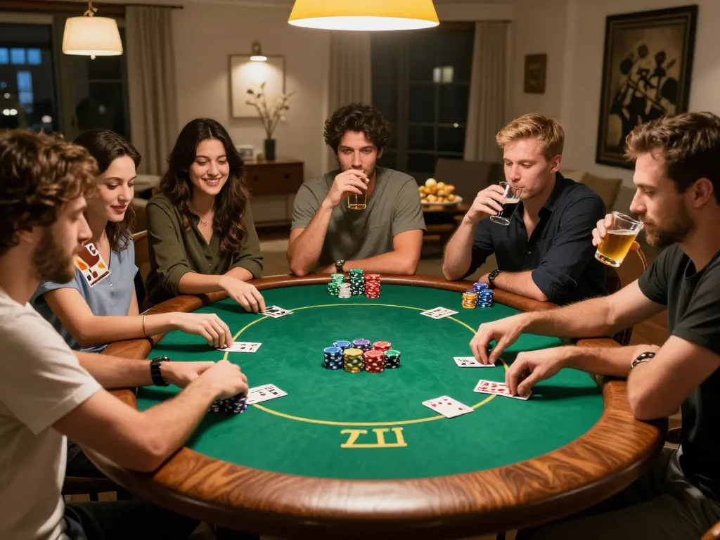 Schoeneckhotel poker night scene showcasing friends engaging in strategic gameplay with colorful chips.