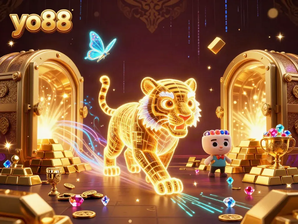Experience yo88 excitement in a rich casino scene with golden treasures and a dynamic tiger character.