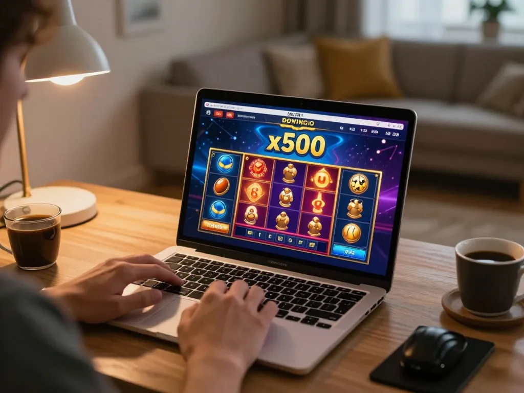 Engaging in Pragmatic Play Demo x500 gameplay on a laptop, showcasing vibrant graphics and cozy atmosphere.