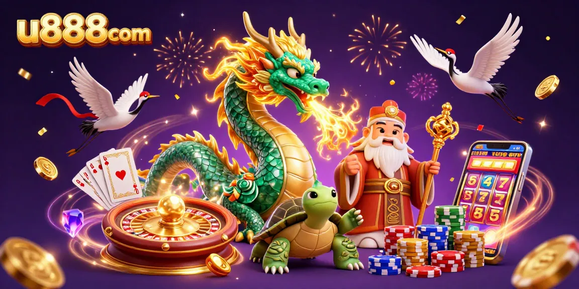 Experience the thrill of u888com with a jade dragon, turtle sage, and lucky cranes in a vibrant casino scene.