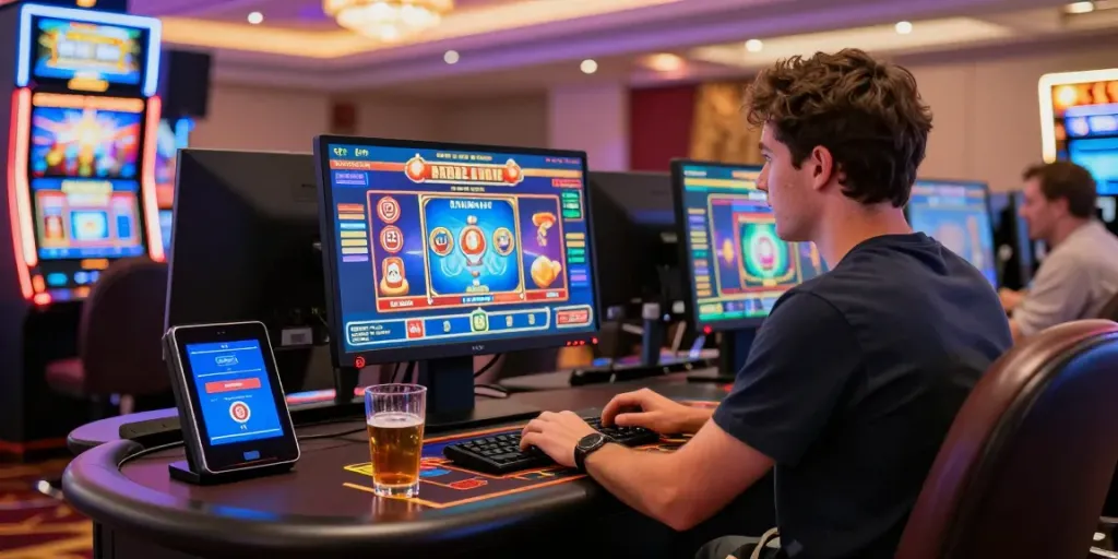 Exciting atmosphere at a credit card casino with player engaged in gaming and colorful visuals.