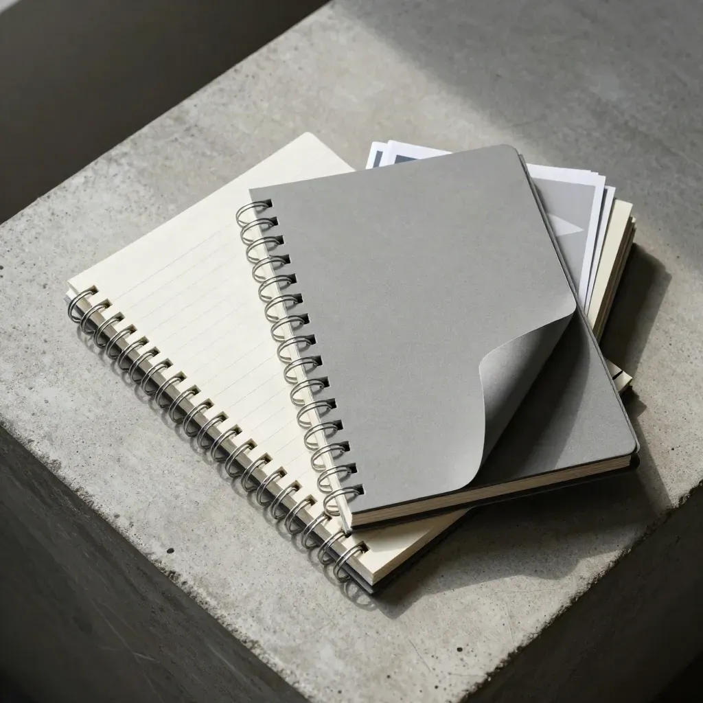 Overhead spiral planner with tab dividers and cards on concrete, lit with soft daylight.