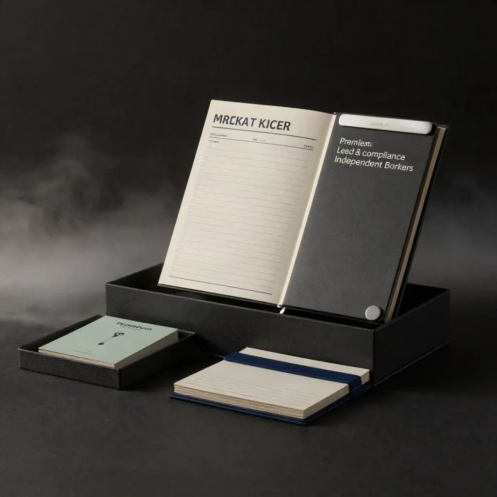 Open compliance starter kit with folders, referral tray and booklet on a dark studio surface