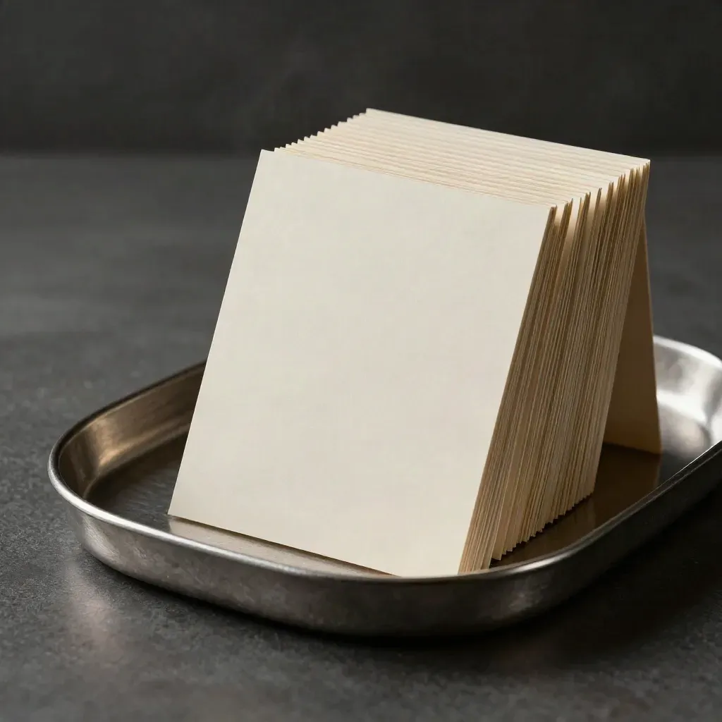 Blank referral tracking cards fanned in a brushed-metal tray, one card lifting in a faint draft.