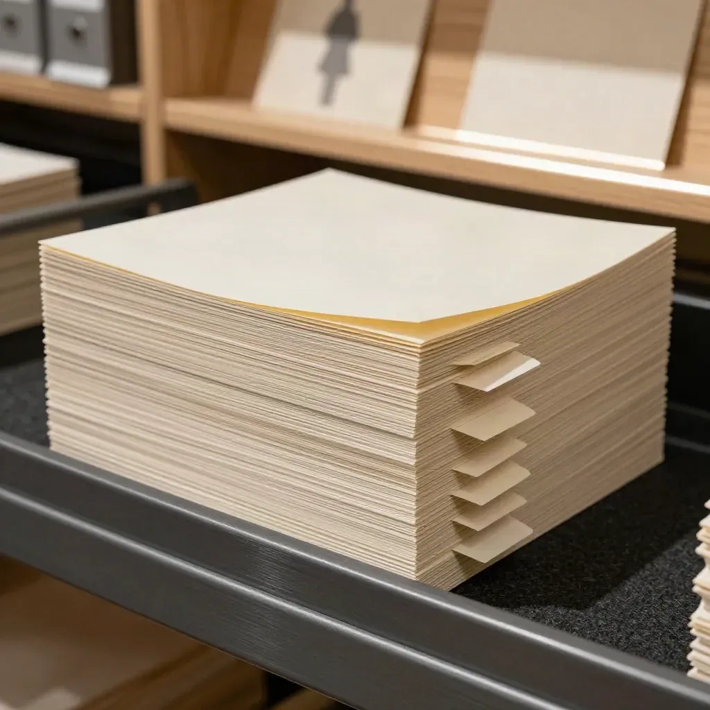Stacked compliance checklist folios with embossed tabs and archive shelving in soft focus.