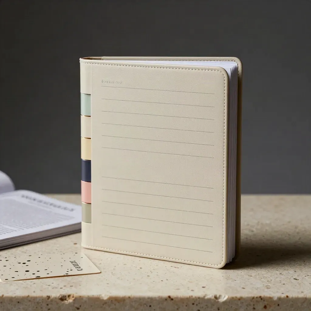 Upright licensing guide binder with tabs and a slim booklet on travertine stone
