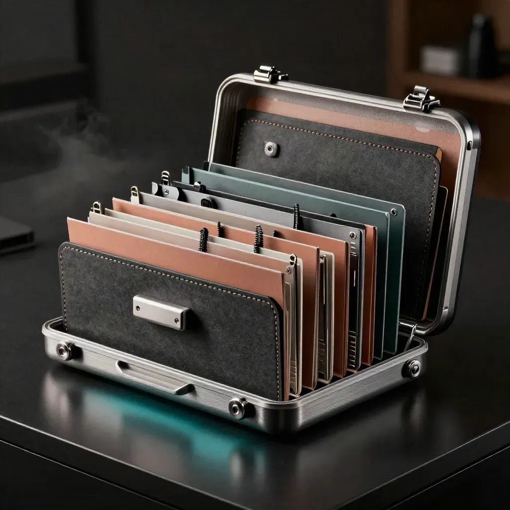 Open modular ops toolkit case with folders and accessories on a dark studio workbench.