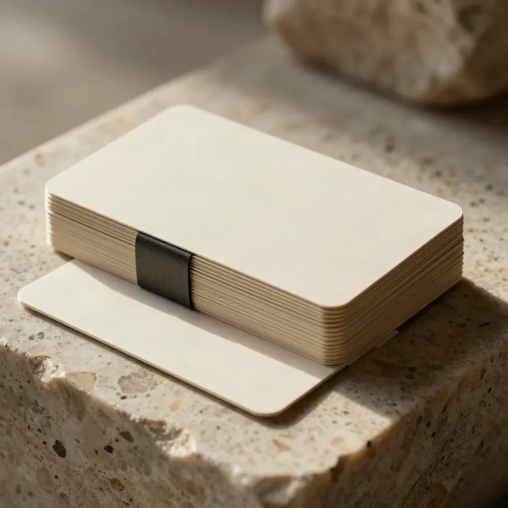 Stack of blank referral cards with one card slipping free on travertine