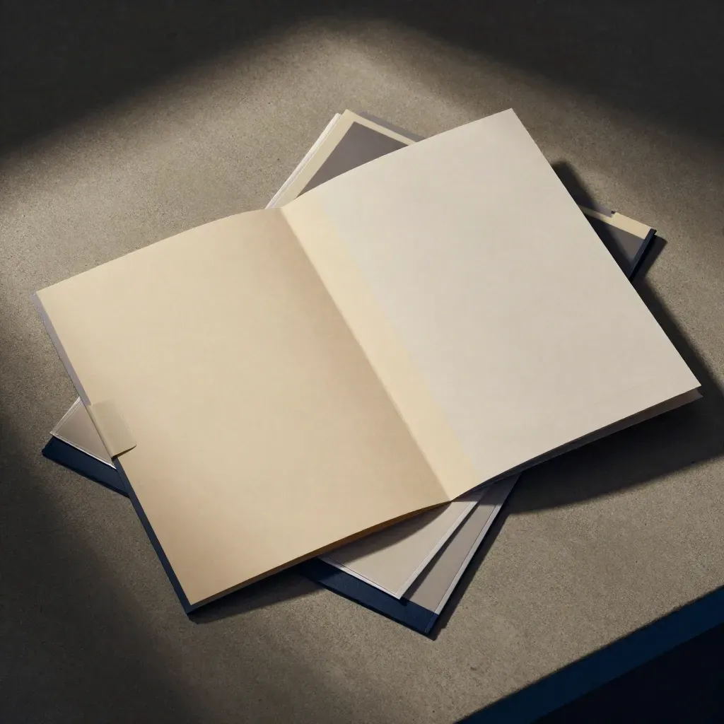 Overhead flatlay of an open pale folder with blank state licensing sheets and divider tabs on stone.