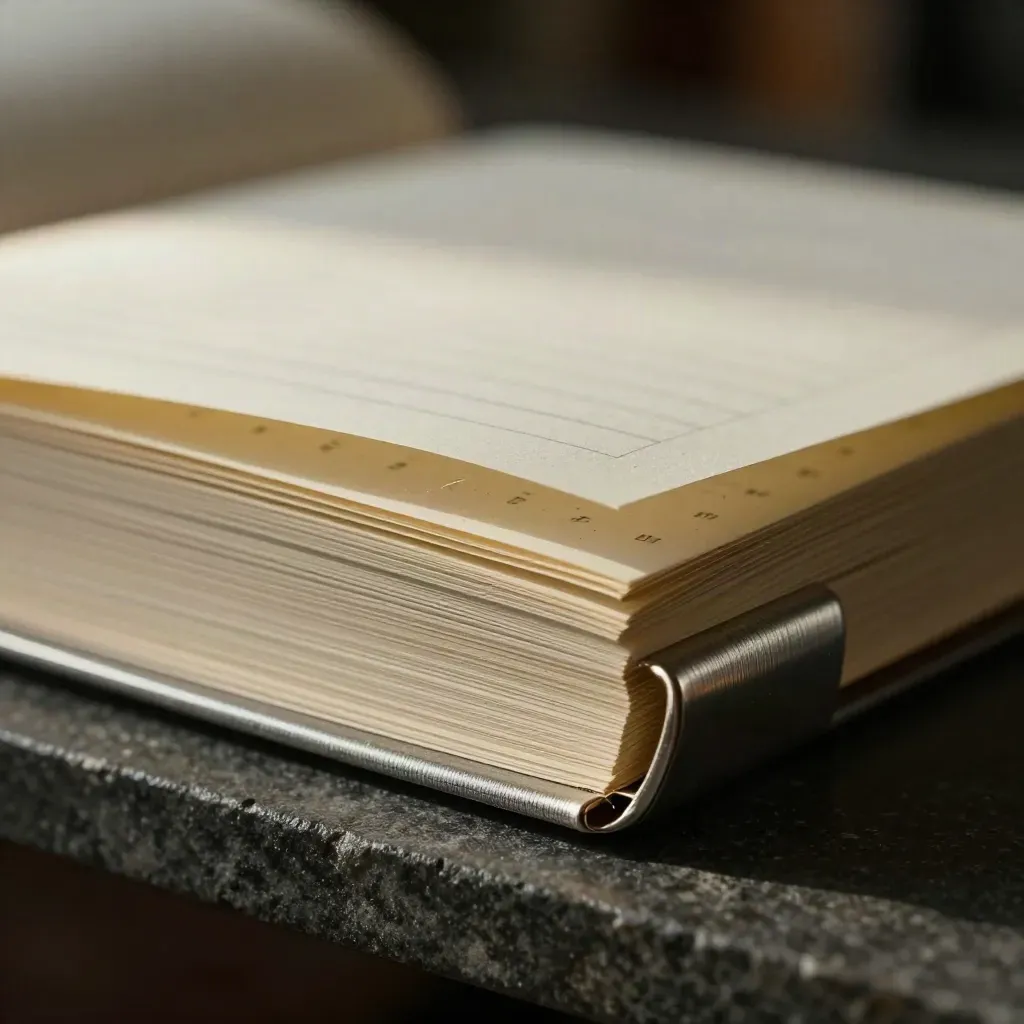 Macro of a blank broker call log ledger bowing open on dark stone with silver paper dust