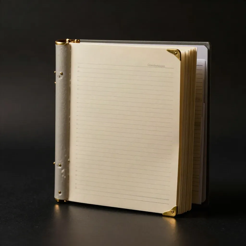 Compliance workbook with brass corners on a dark studio surface, half-closed with blurred binders behind.