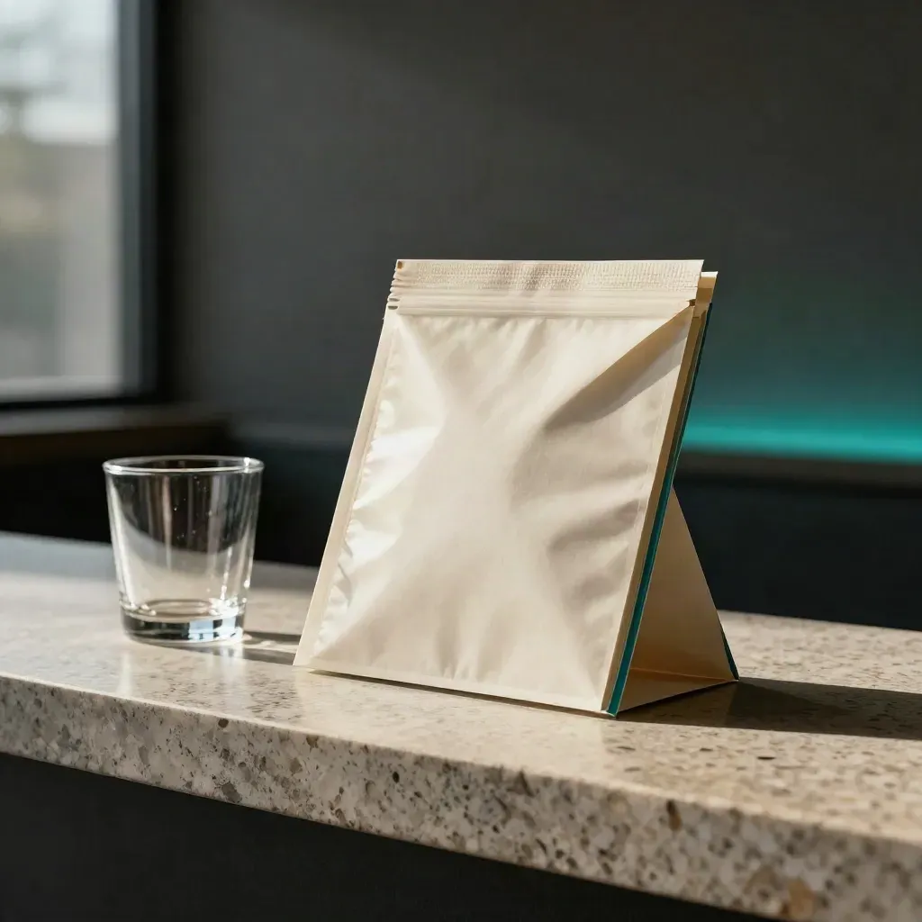 Slim brief packet beside a glass cup in a soft-lit modern broker lounge.