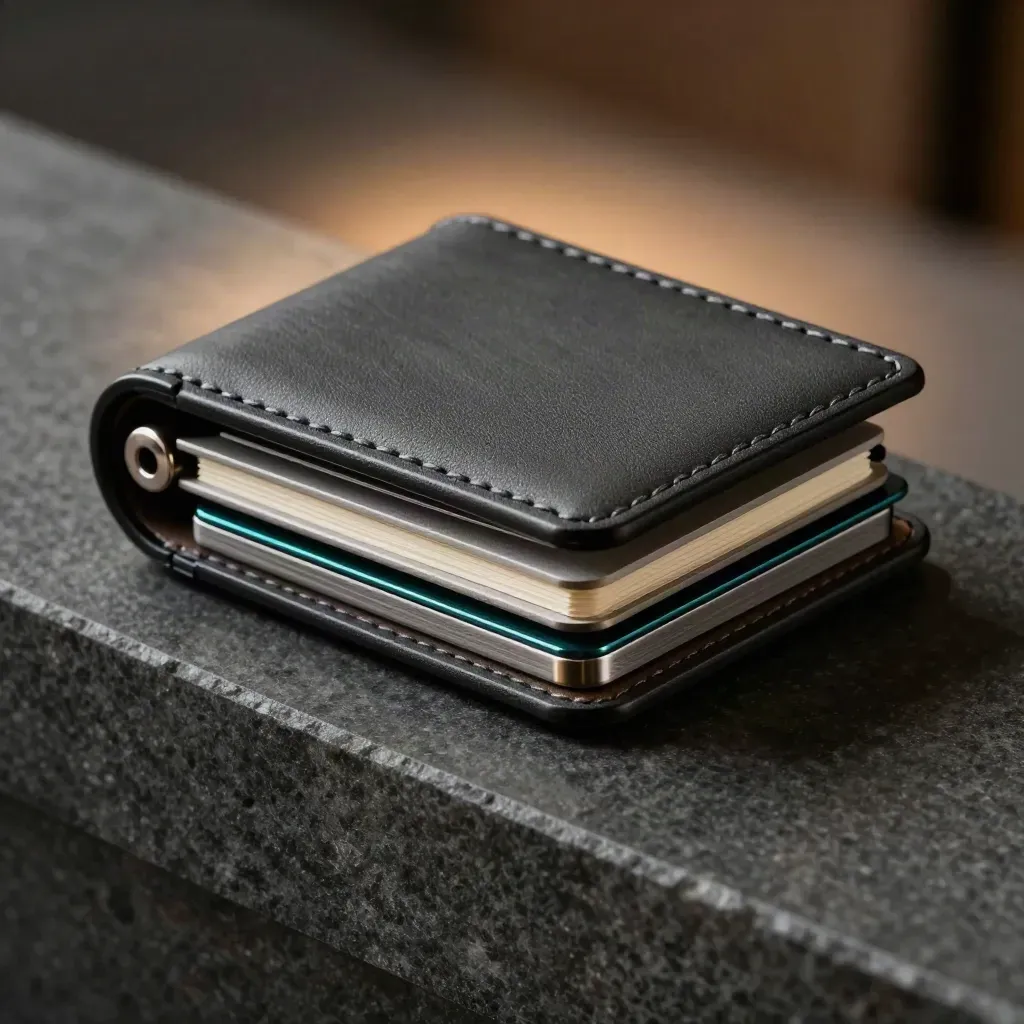 Macro of a boutique broker toolkit case with layered inserts and a slim folder on dark stone.