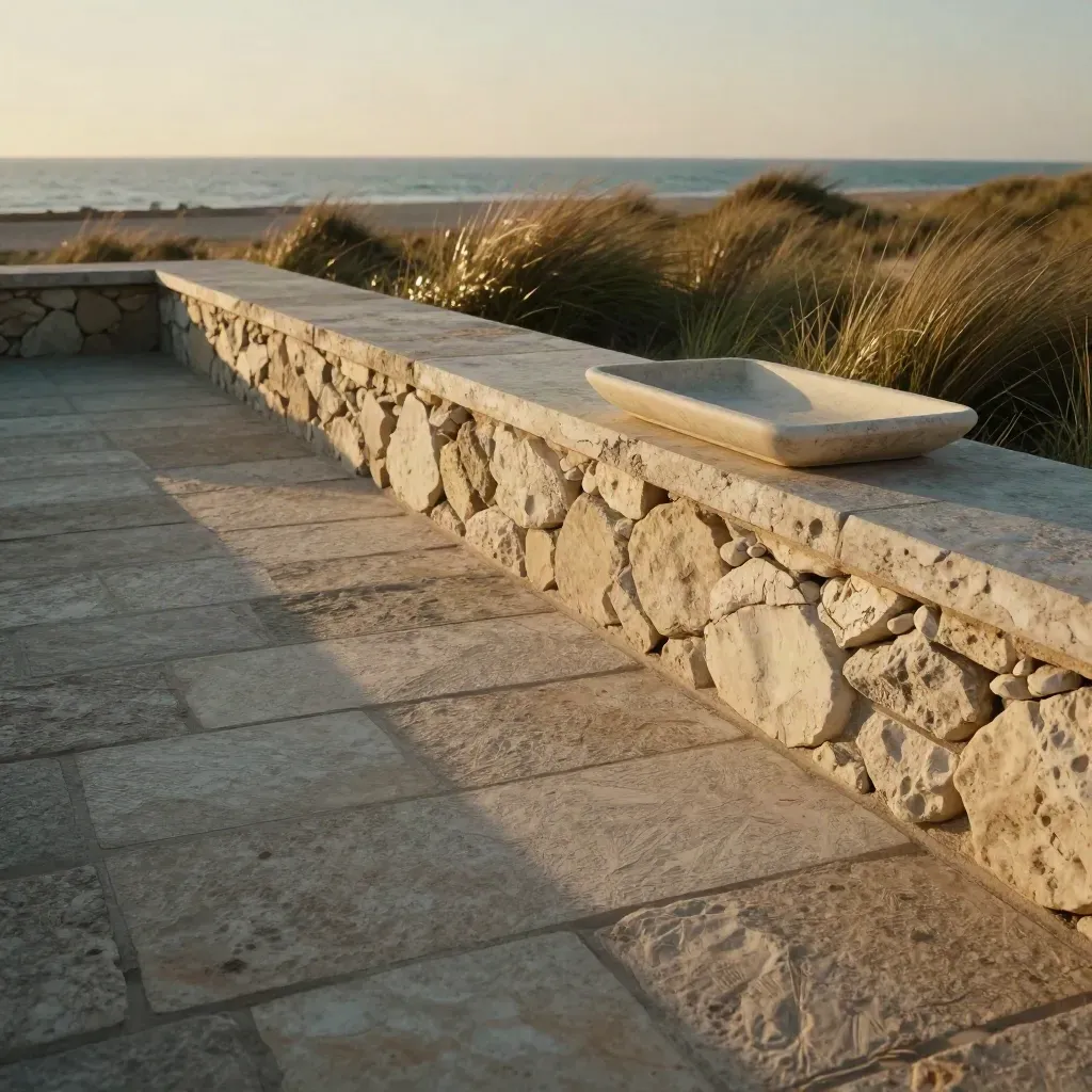 Stone coastal terrace with grasses, a blank tray, and hazy sea at golden hour.