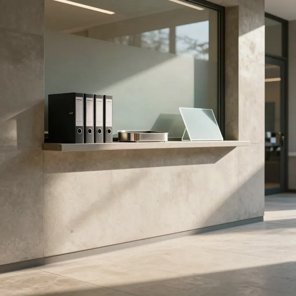 Sunlit concrete and frosted-glass lobby wall with a high shelf ledge and calm shadowed copy space.