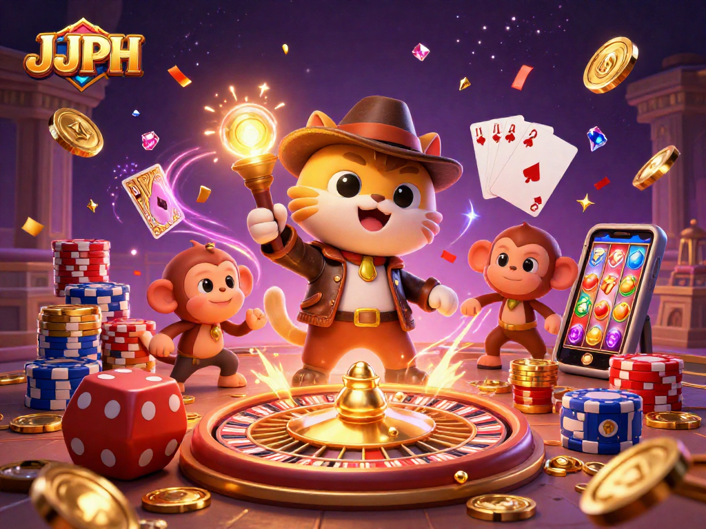 Engage with JJJPH's energetic 3D illustration featuring an archeologist cat revealing casino treasures.