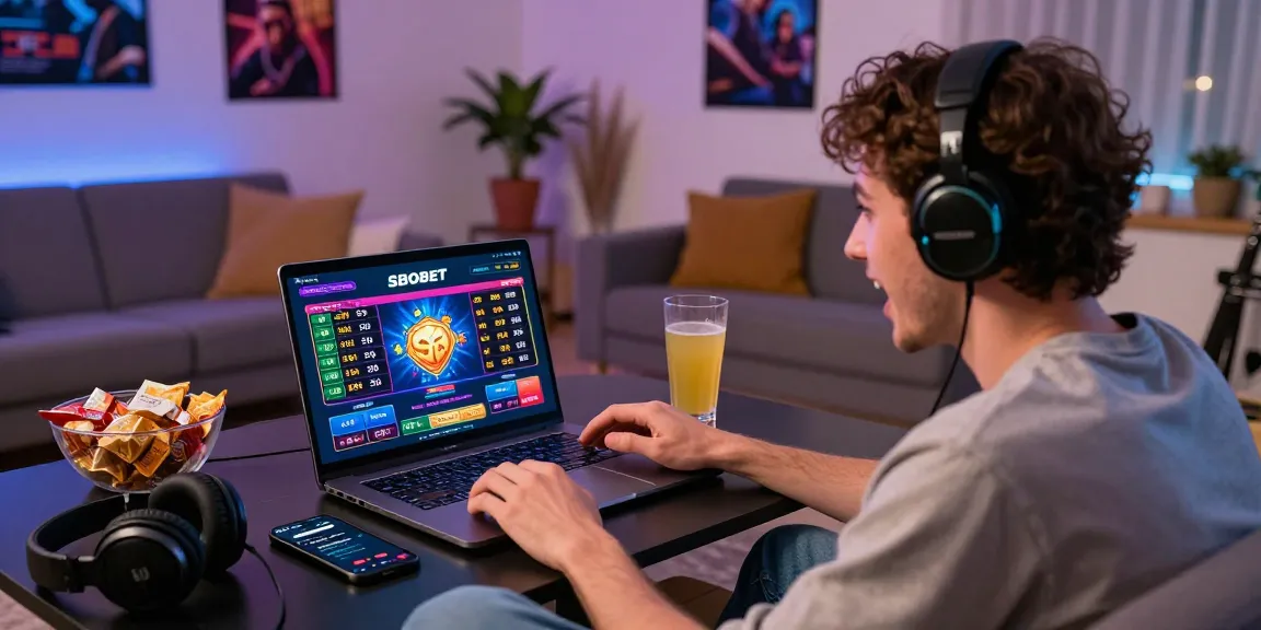 Exciting online gaming experience with Link Resmi Sbobet Dewacash displayed on laptop, surrounded by snacks.