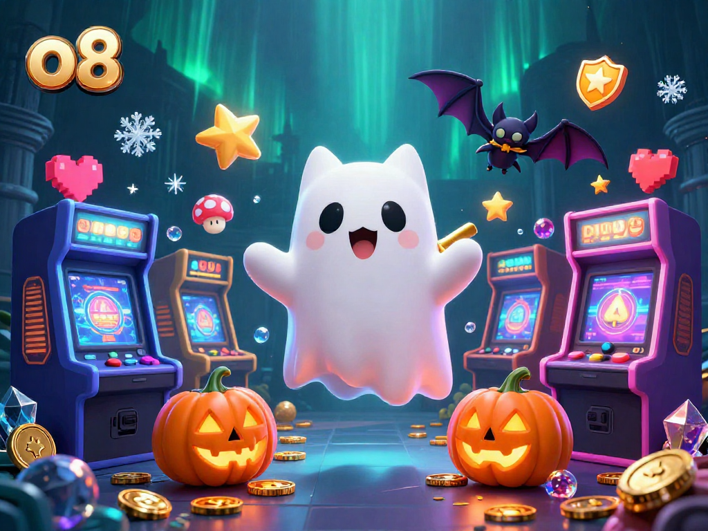 Engage in thrilling gameplay at o8, with a ghost cat and vibrant casino elements lighting up the scene.
