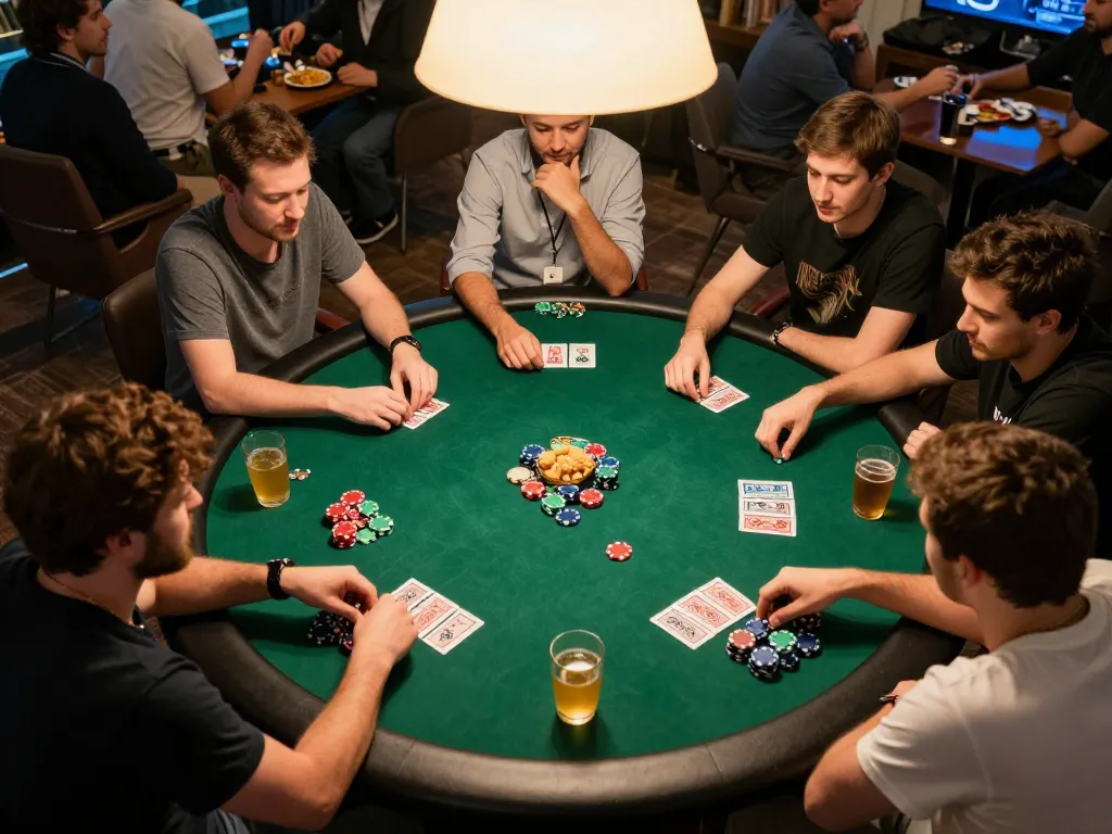 Engaged friends strategizing during a home poker night, showcasing shopshela exciting gameplay atmosphere.