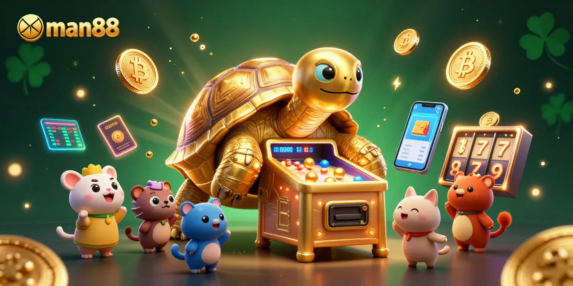 Play exciting games like man88 with golden tortoise pinball machine surrounded by cryptocurrency elements.