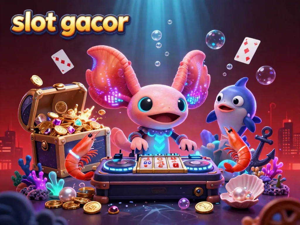Engaging scene features an axolotl DJ spinning slot gacor reels surrounded by shrimp dancers and treasure.