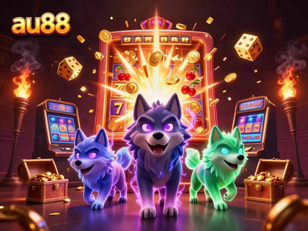 Experience thrilling games at au88 with a dynamic scene showcasing a wolf pack leader amidst a jackpot explosion.