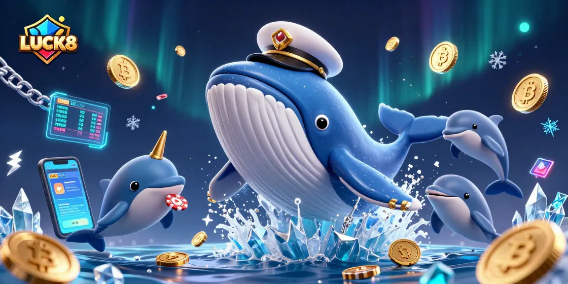 LUCK8 features a vibrant 3D scene with a whimsical casino whale, showcasing a wealth of cryptocurrency and poker elements.
