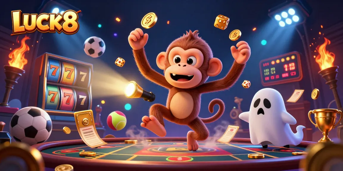 LUCK8 brings excitement alive in a dynamic casino scene with juggled golden objects and a curious puppy