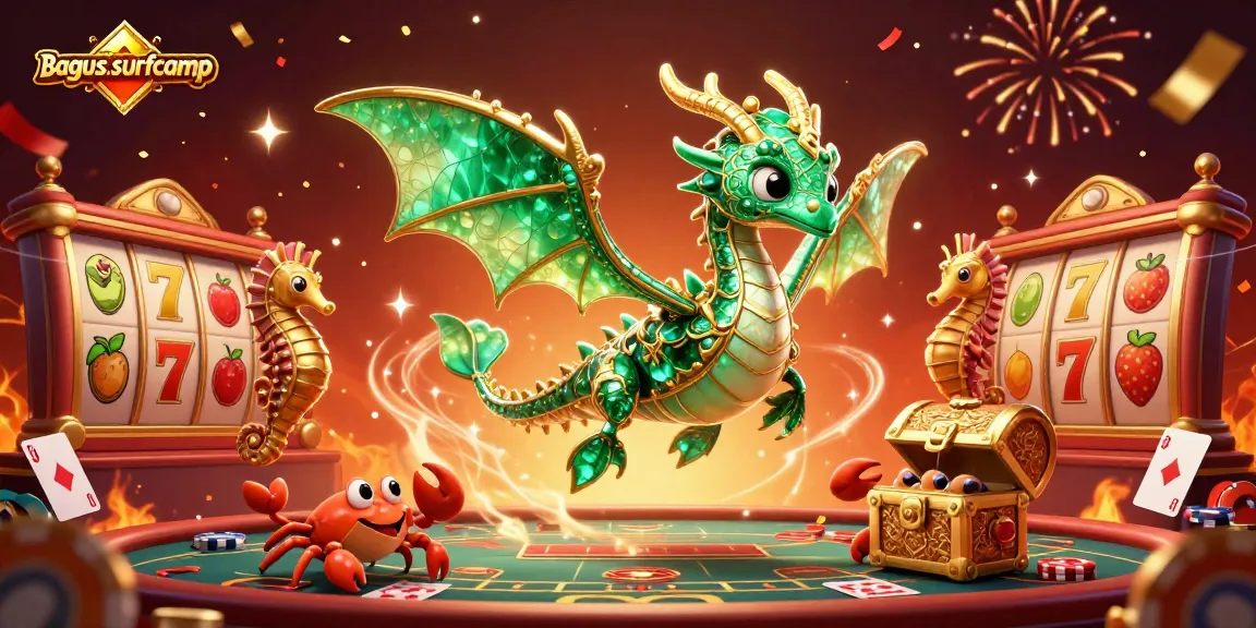Engage in thrilling gameplay at bagus-surfcamp with a vibrant 3D casino scene featuring animated characters, celebrating wins!