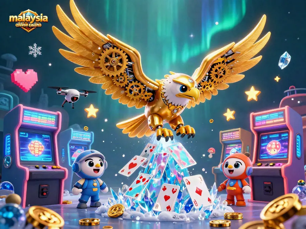 Experience thrilling gaming at the malaysia online casino surrounded by colorful arcade elements and a dynamic golden eagle.