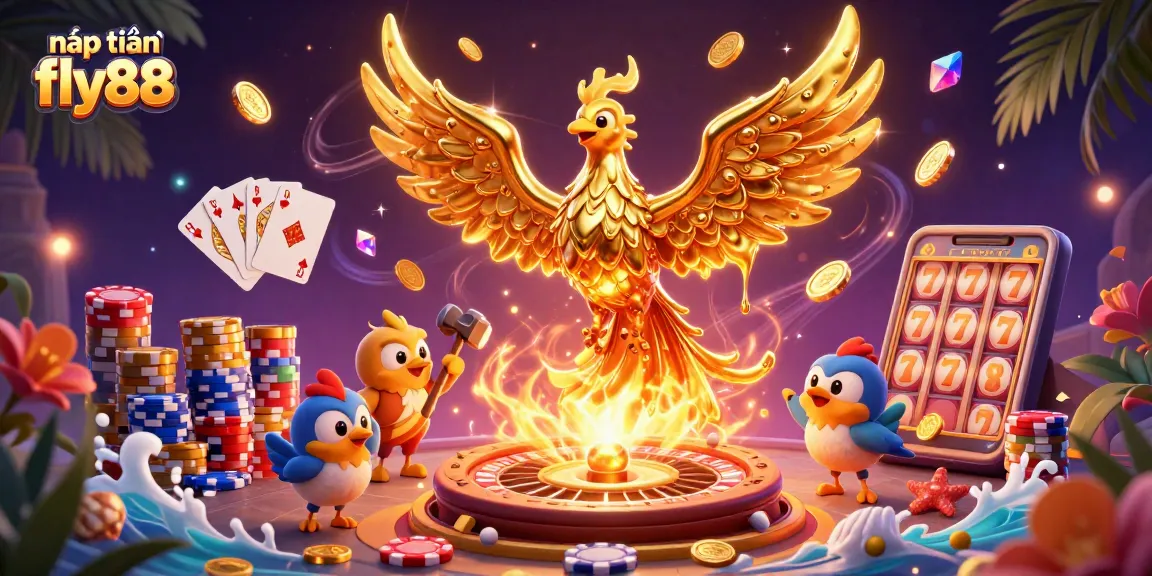 Engage in nạp tiền fly88 with a vibrant 3D casino scene featuring golden phoenix and dynamic game elements.