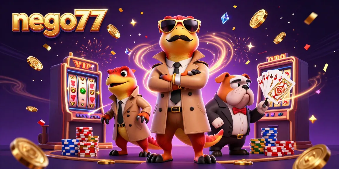 Nego77 showcases raptors in a trench coat entering a casino with golden coins and slot reels, creating a fun atmosphere.
