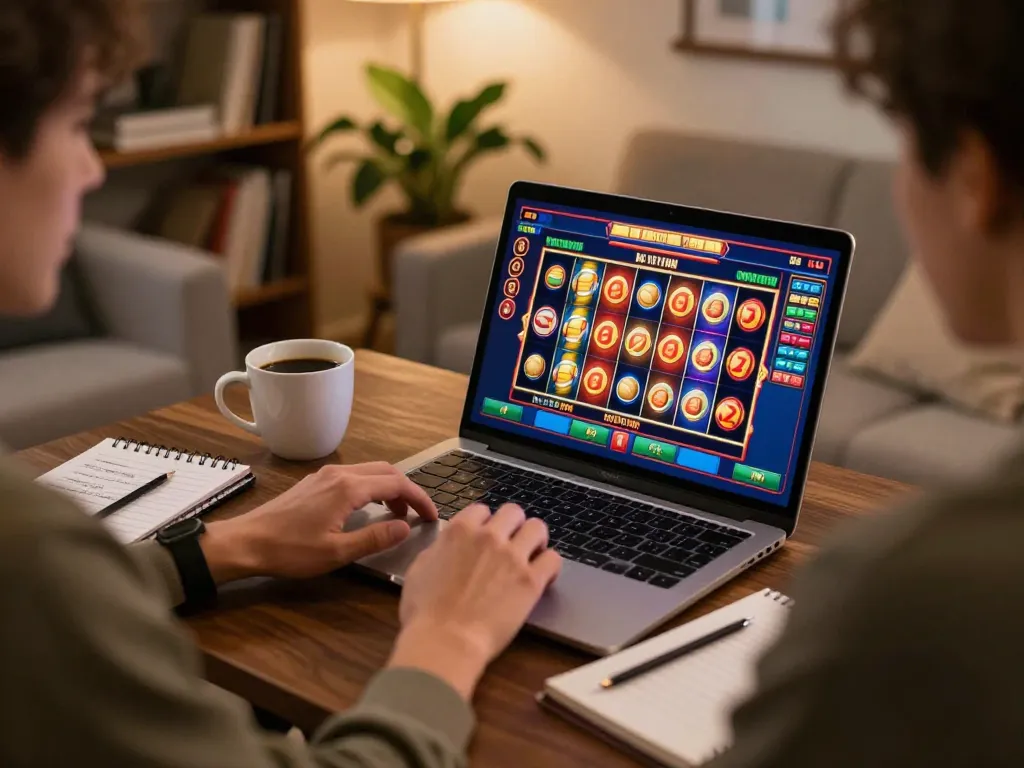 Engaging with online games on lifestylebanking, featuring a spin button on a vibrant slots interface.