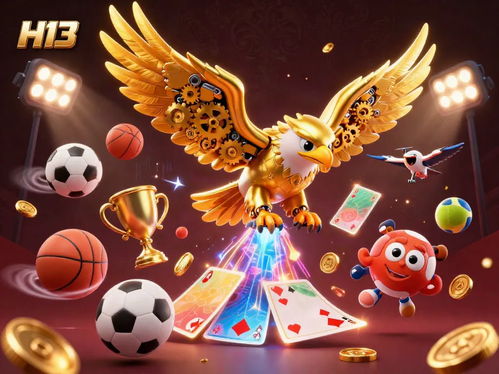 Engage in thrilling gameplay with H13's vibrant 3D casino scene featuring dynamic sports balls and holographic cards.