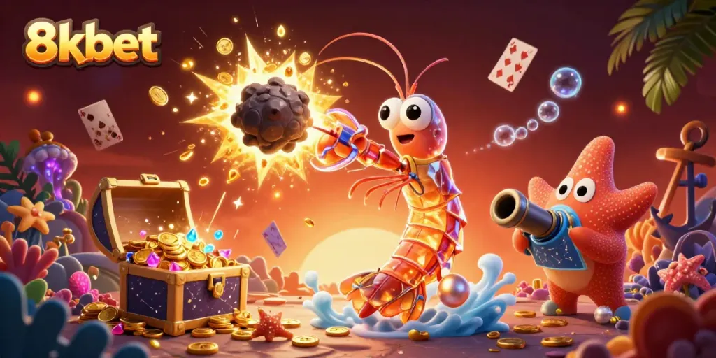 Engage in gaming thrills with 8xbet as a galactic shrimp battles for gems and coins in a dynamic underwater scene.