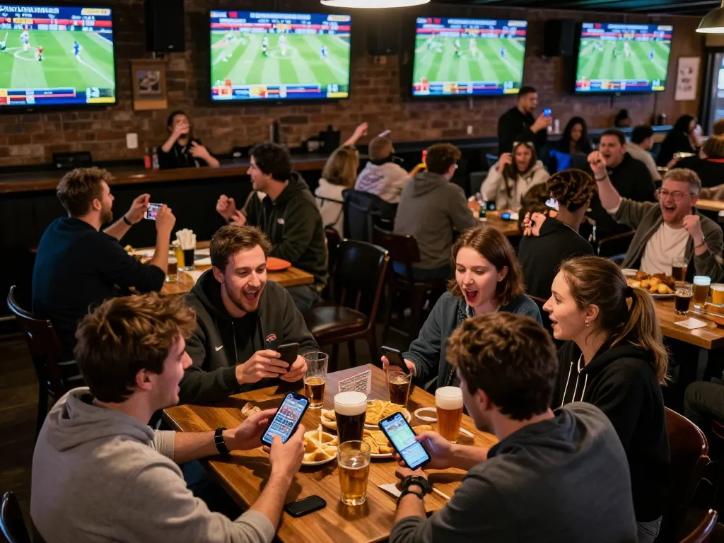 Excited fans using abc8go app for sports betting in a lively sports bar scene