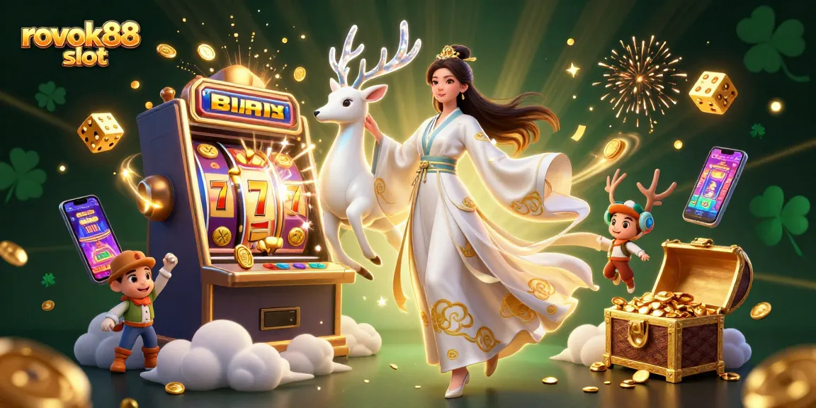 Experience exciting rokok88 slot gameplay with a stunning casino-themed illustration featuring vibrant characters and dynamic visuals.
