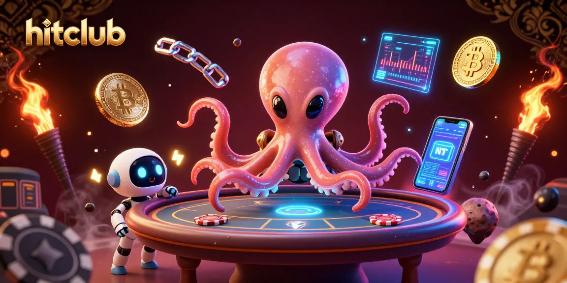 hitclub alien octopus plays poker with crypto-themed elements in a vibrant 3D scene