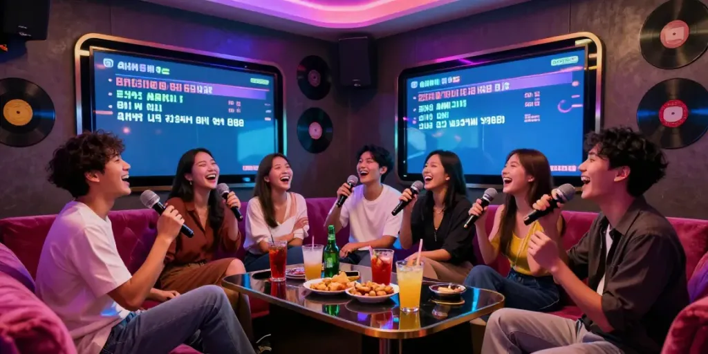 강남 달토에서 친구들과 함께 노래를 부르는 즐거운 분위기의 가라오케 방